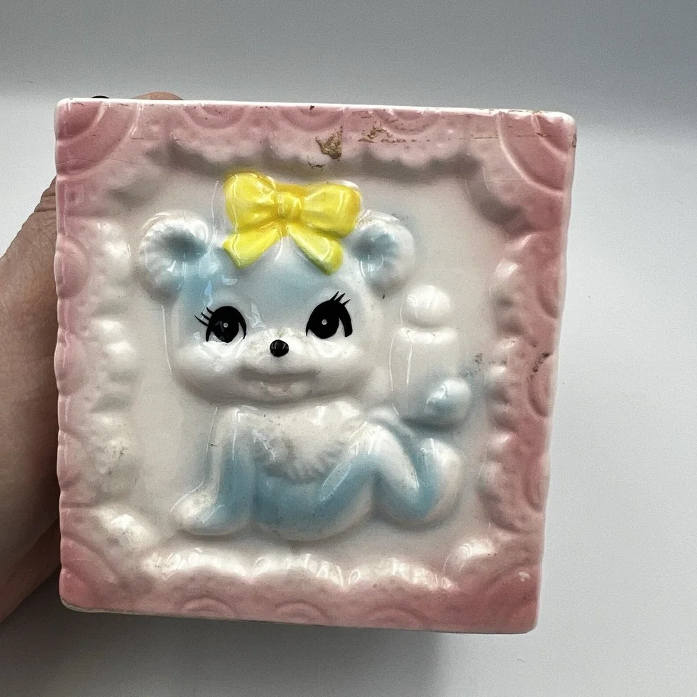 Vintage MCM Pastel Pink Baby Block Nursery Bear Bunny Lamb Planter Ceramic Japan